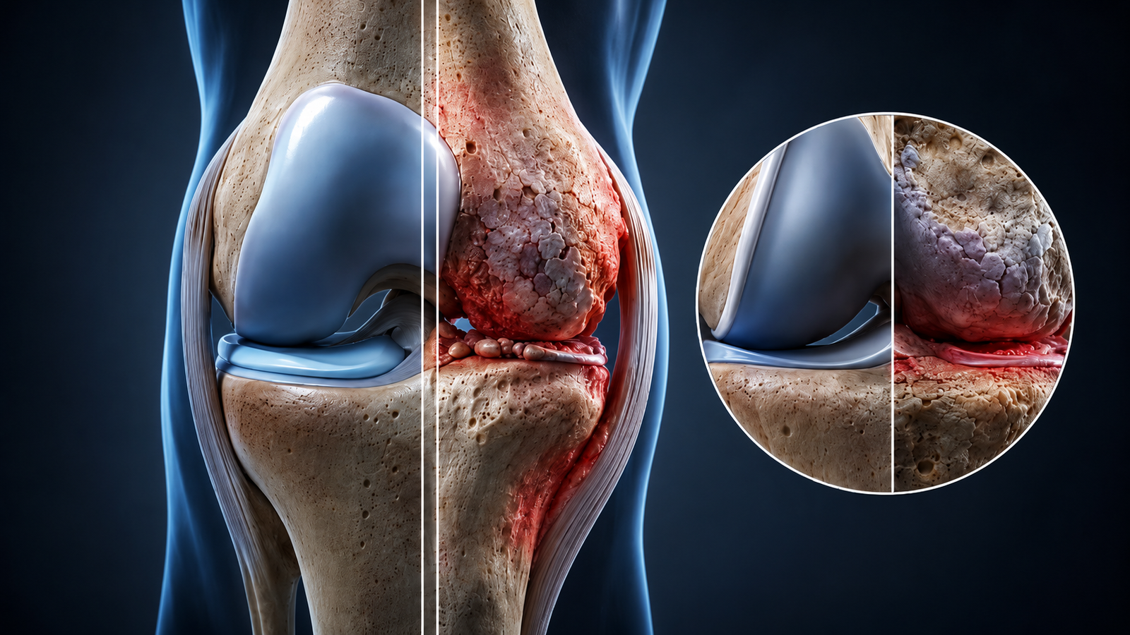 Medical illustration showing knee osteoarthritis and joint degeneration
