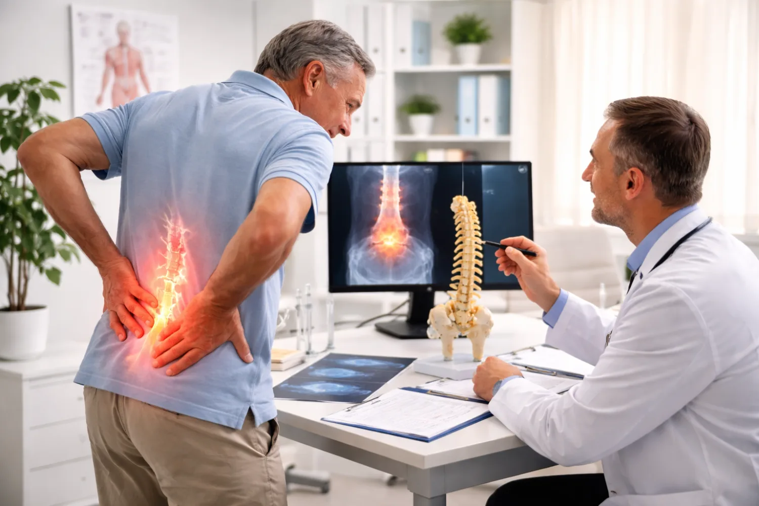 Doctor explaining lower back pain using spine imaging